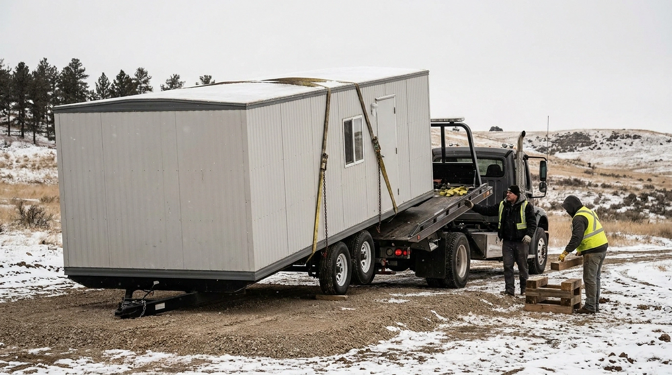 Mobile office trailer being offloaded and set on a leveled gravel pad at a Spokane Valley jobsite