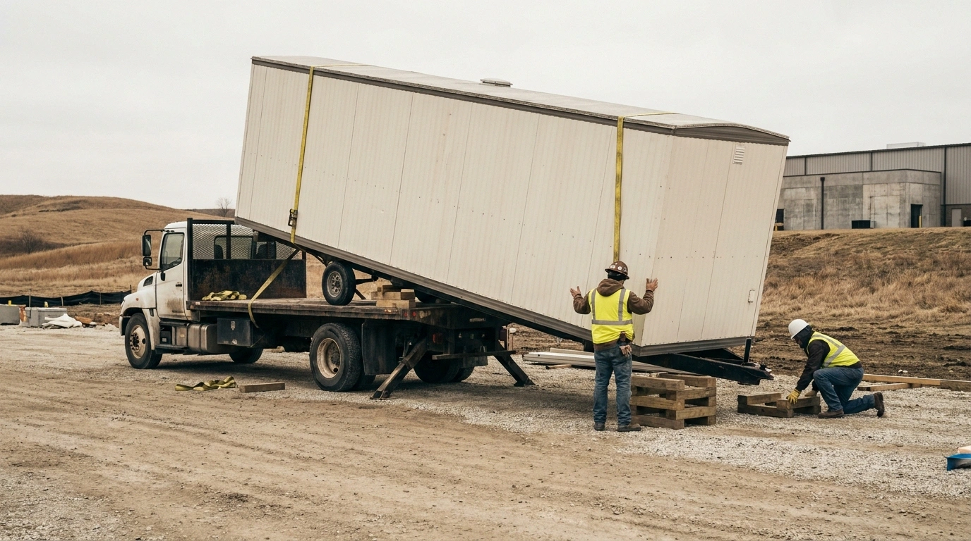 Mobile office trailer being offloaded and set on a leveled gravel pad at a St. Louis jobsite