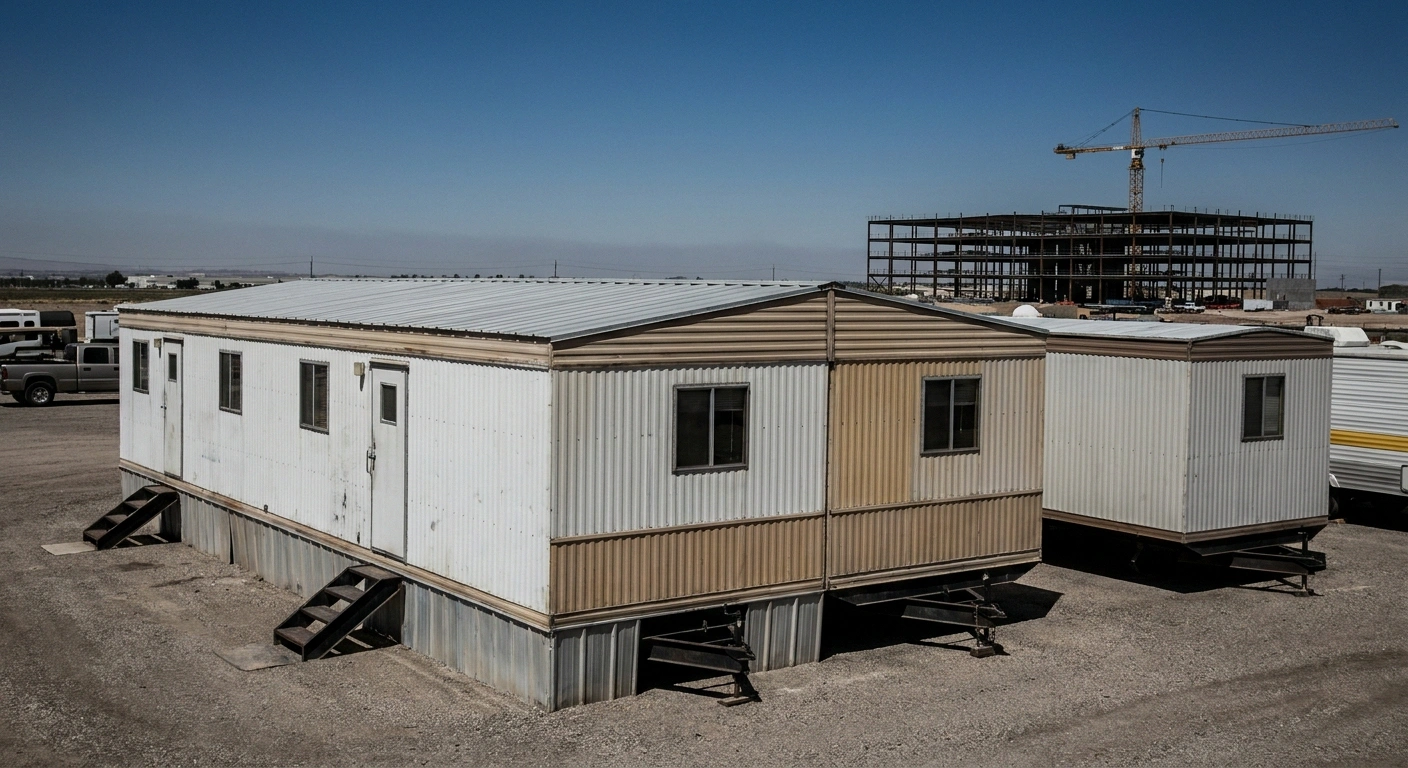A double-wide construction office trailer made of two sections mated along their long sides into one wide unit on a jobsite pad, standing next to a much narrower single-wide trailer for size contrast