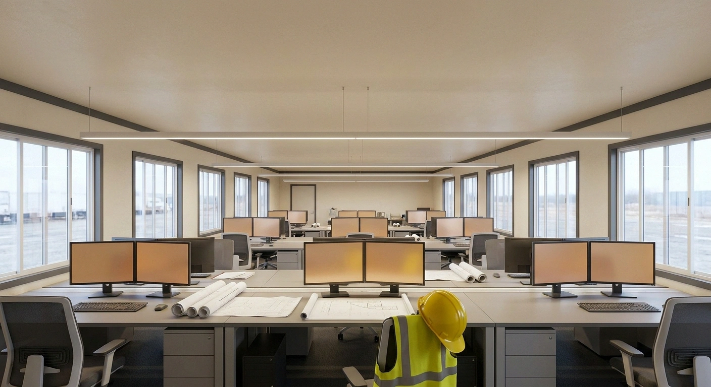 An open bullpen interior of a double-wide office trailer showing rows of desks across a wide column-free room made possible by the two mated sections