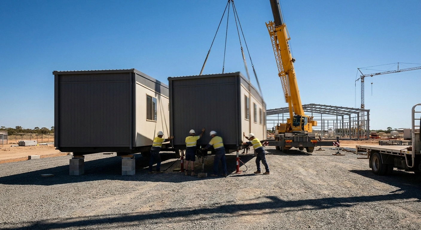 A two-section delivery and mating set on a jobsite with two trailer halves being positioned and joined by a crew using a crane and leveling jacks