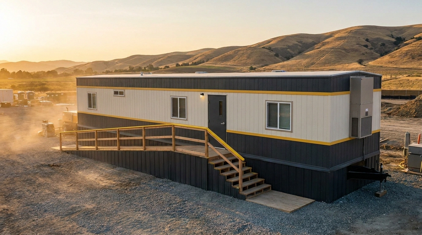 Side elevation of a 12x60 double-wide mobile office trailer set on a Fort Collins jobsite at golden hour with foothills in the distance