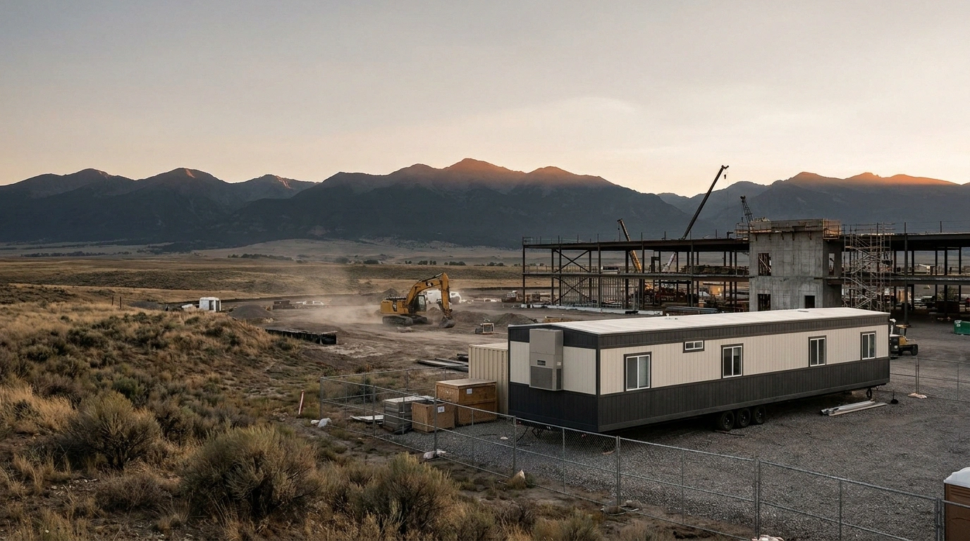 Wide view of a Denver Front Range commercial construction site with a 12 by 60 mobile office trailer and Rocky Mountain ridge in the background