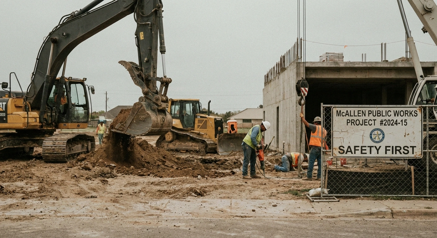 Single-wide office trailer staged at a Rio Grande Valley construction site near a commercial corridor