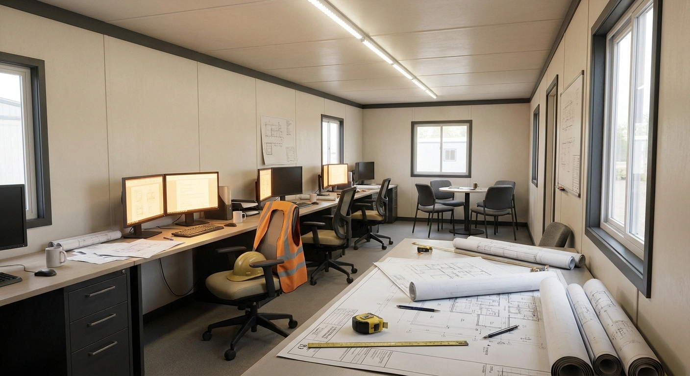Interior of a mid-size construction office trailer with several workstations a plan table and a small meeting area sized for a working crew