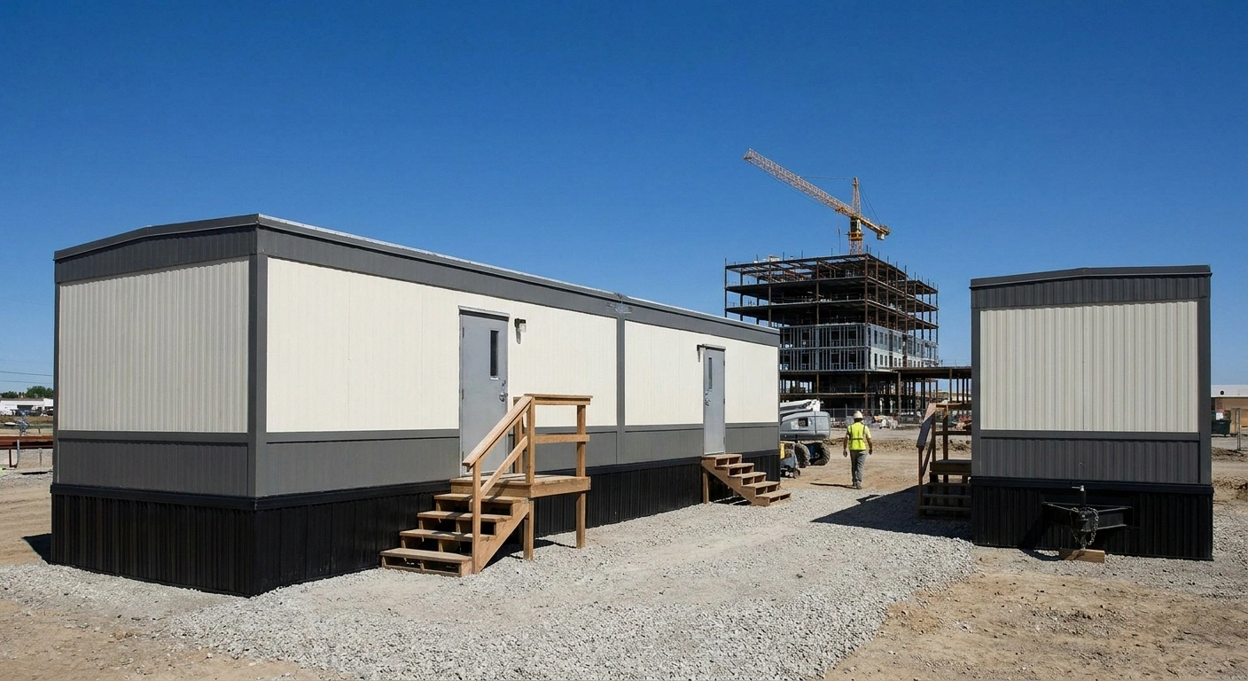 Exterior of a double-wide construction office trailer made of two sections joined on a jobsite pad next to a narrower single-wide unit for scale
