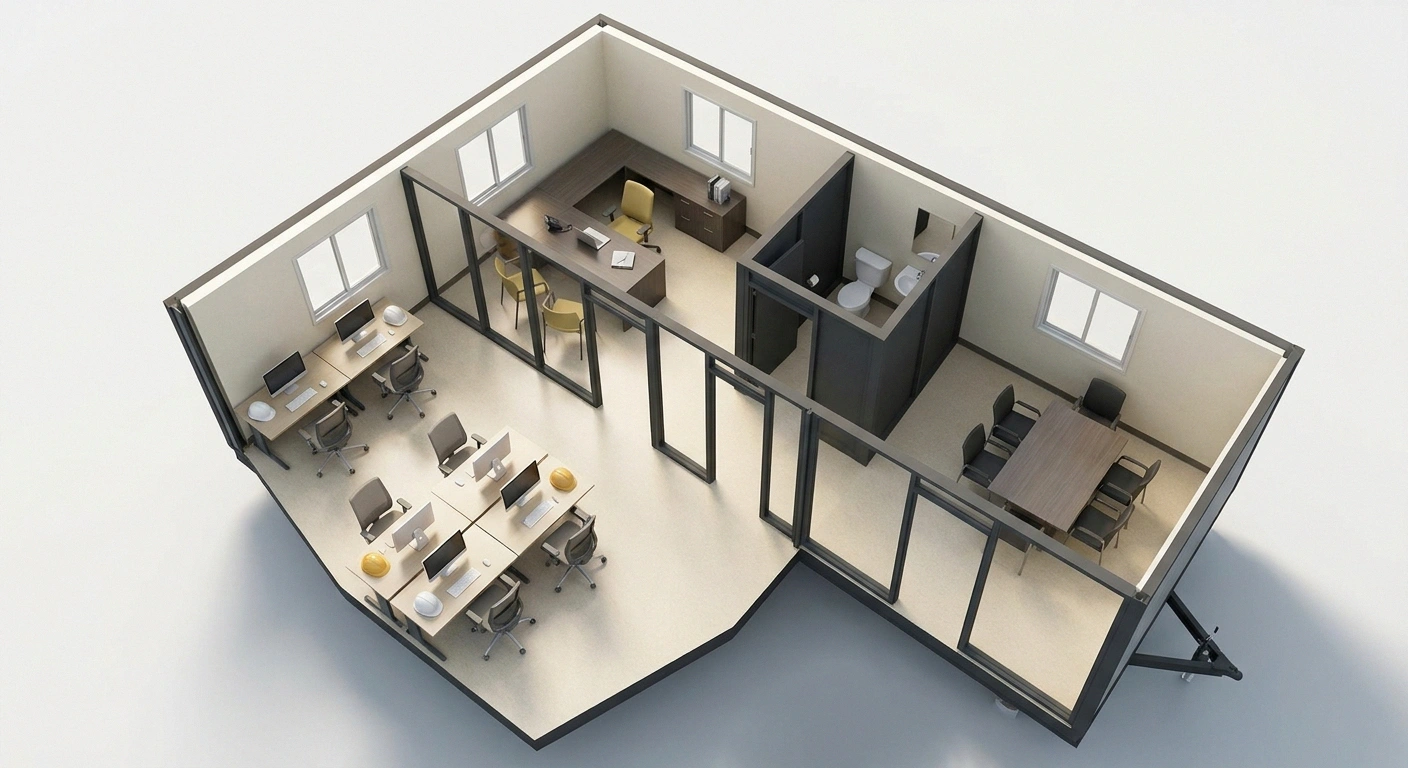 Overhead floor-plan view of an office trailer interior showing how a restroom private offices and a conference area divide the usable space