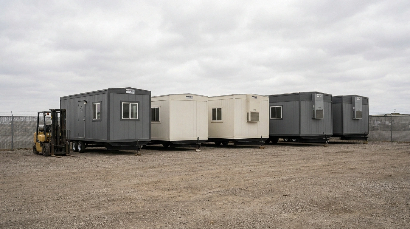 A lineup of construction office trailers in different sizes from a compact single-wide to a long wide-body parked side by side in a supplier yard