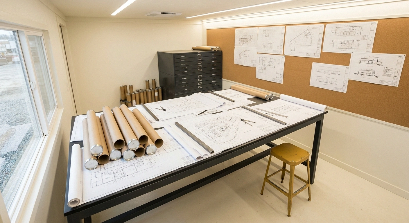 Interior of an office trailer set up as a plan room with a large central table covered in rolled and unrolled site drawings used for reviewing layouts