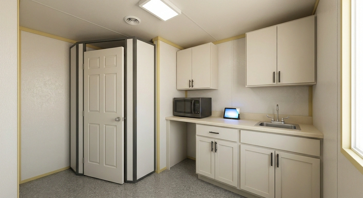 Support corner inside a construction office trailer with a kitchenette counter a sink base cabinets and a restroom door
