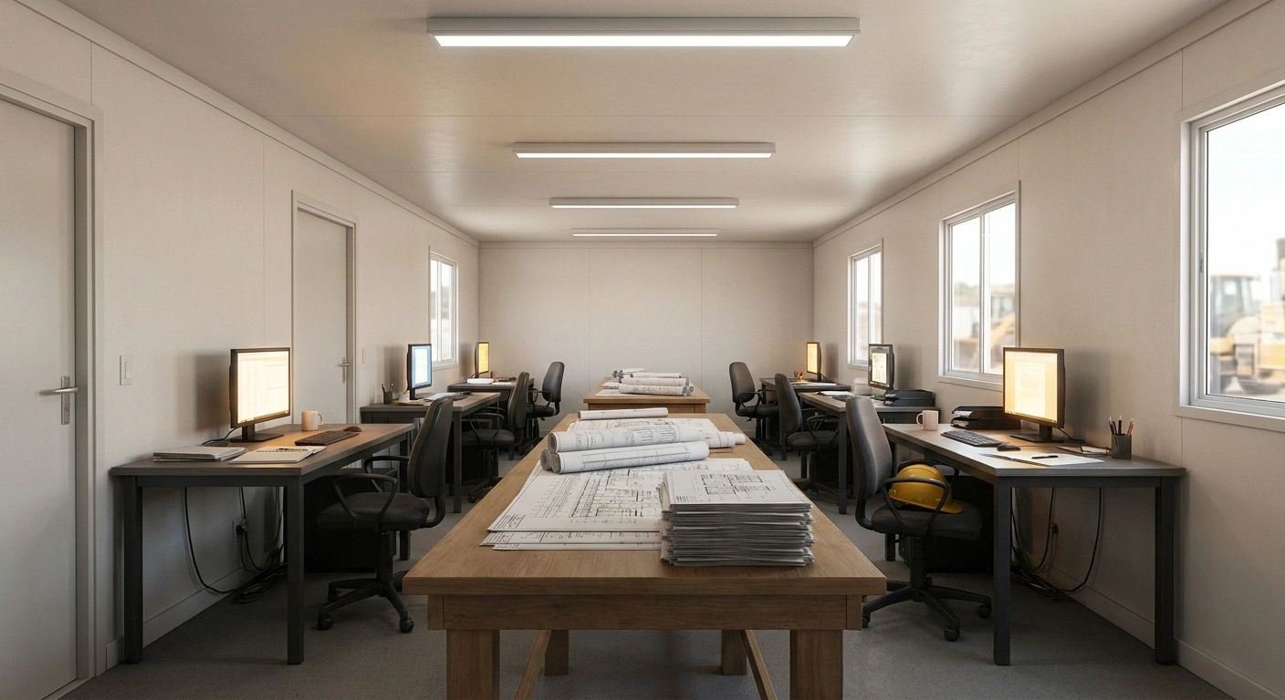 Open bullpen interior of a construction office trailer with several desks monitors and task chairs arranged across the room