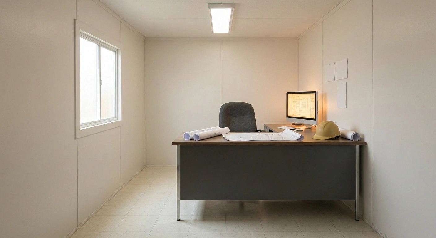 Interior of a single-occupant construction office trailer with one desk a computer site drawings a single chair and a window