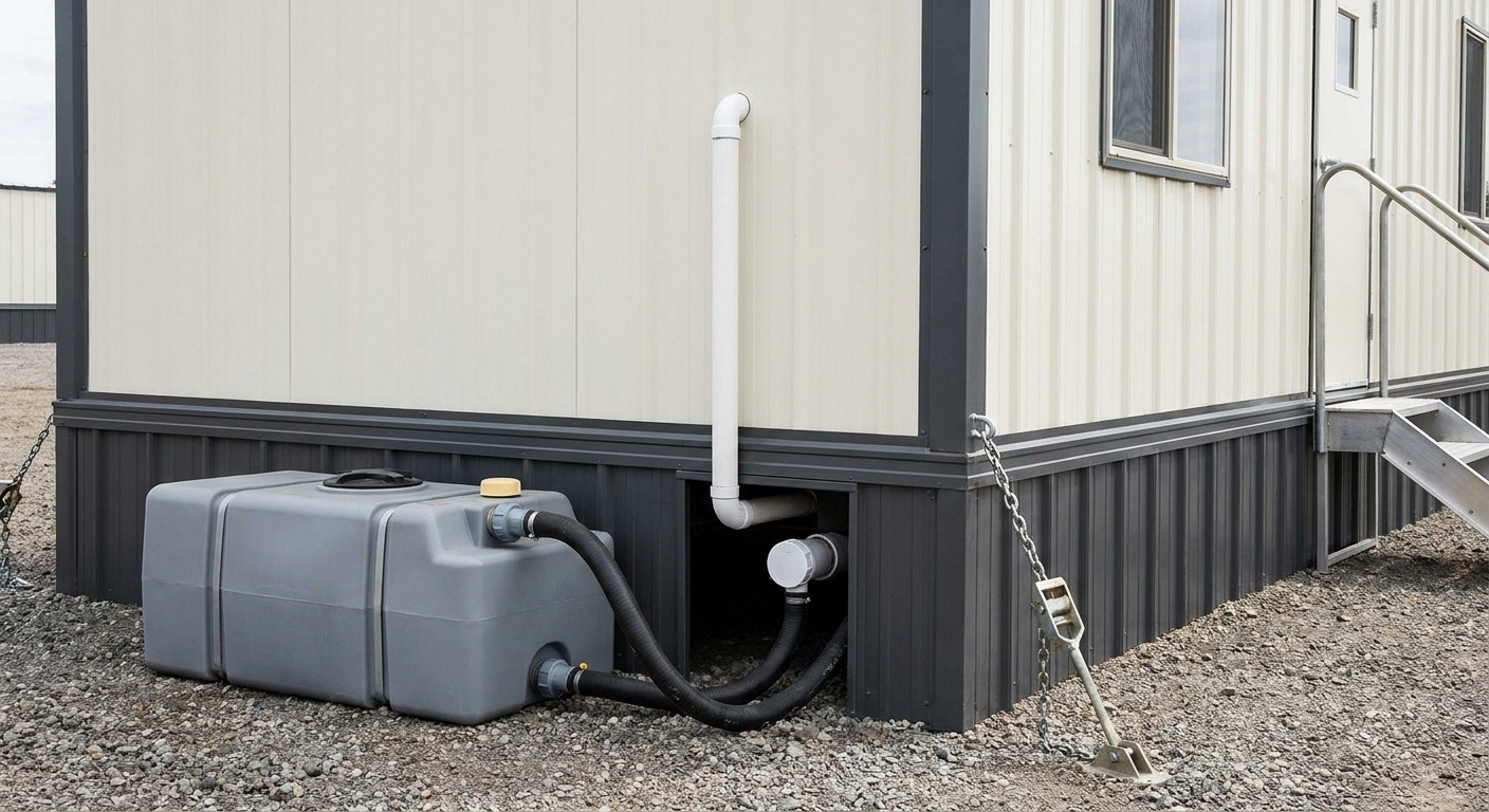 Exterior of a construction office trailer on a jobsite with a roof restroom vent stack and an exterior holding-tank plumbing connection signaling an on-board restroom