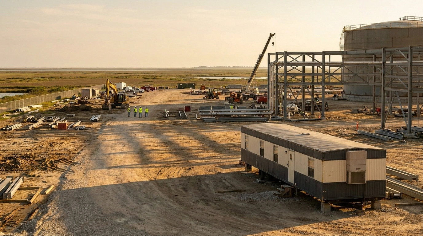 Wide view of a Louisiana petrochemical construction site with a 12 by 60 mobile office trailer in the foreground