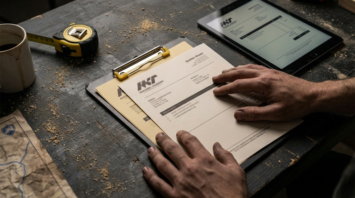 Contractor comparing multiple Delaware office trailer quotes side-by-side on a clipboard