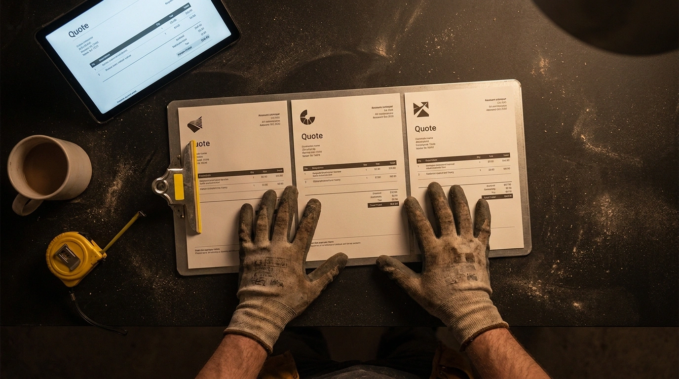 Contractor comparing multiple Denver office trailer quotes side-by-side on a clipboard