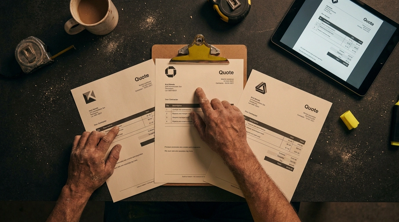 Contractor comparing multiple St. Louis office trailer quotes side-by-side on a clipboard