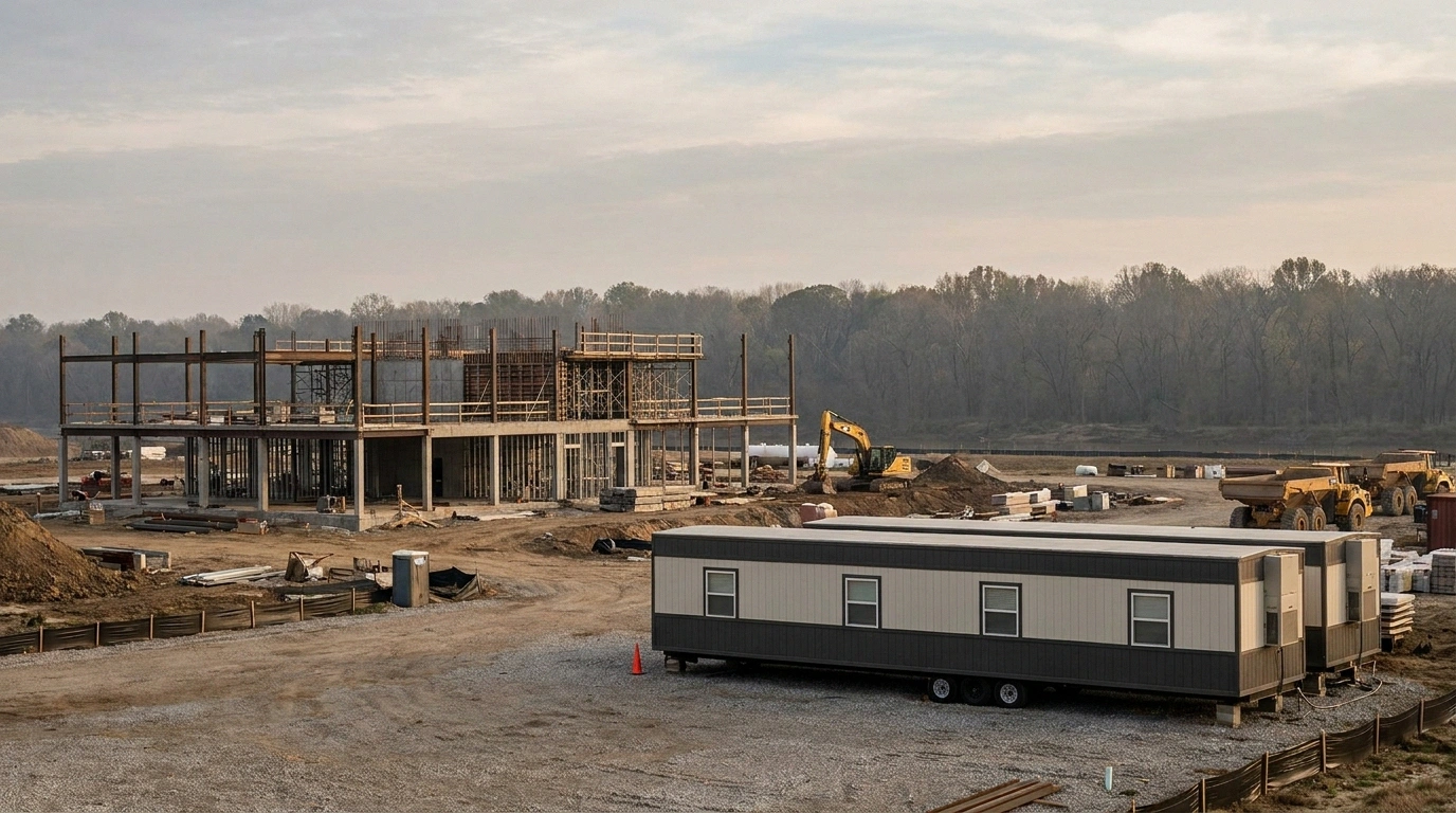 Wide view of a St. Louis commercial construction site with a 12 by 60 mobile office trailer in the foreground