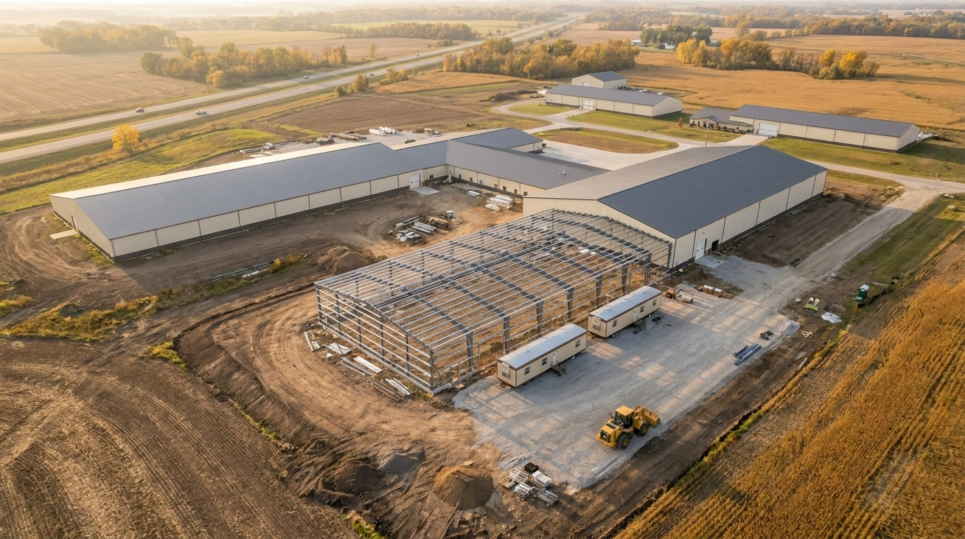 Aerial view of an ag-processing facility expansion along the I-29 corridor near Sioux Falls with office trailers on site