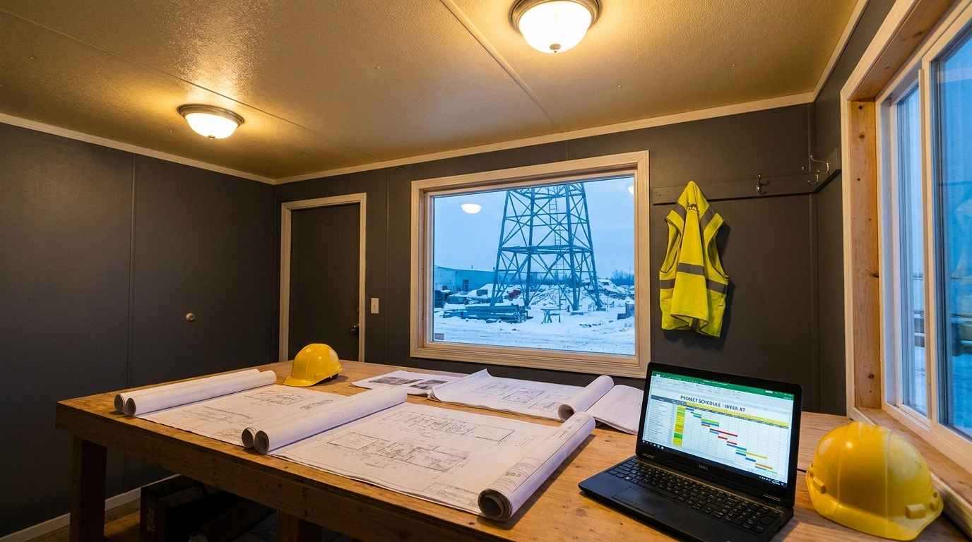 Interior of a Sioux Falls office trailer with plan table architectural drawings and snow-dusted jobsite visible through the window