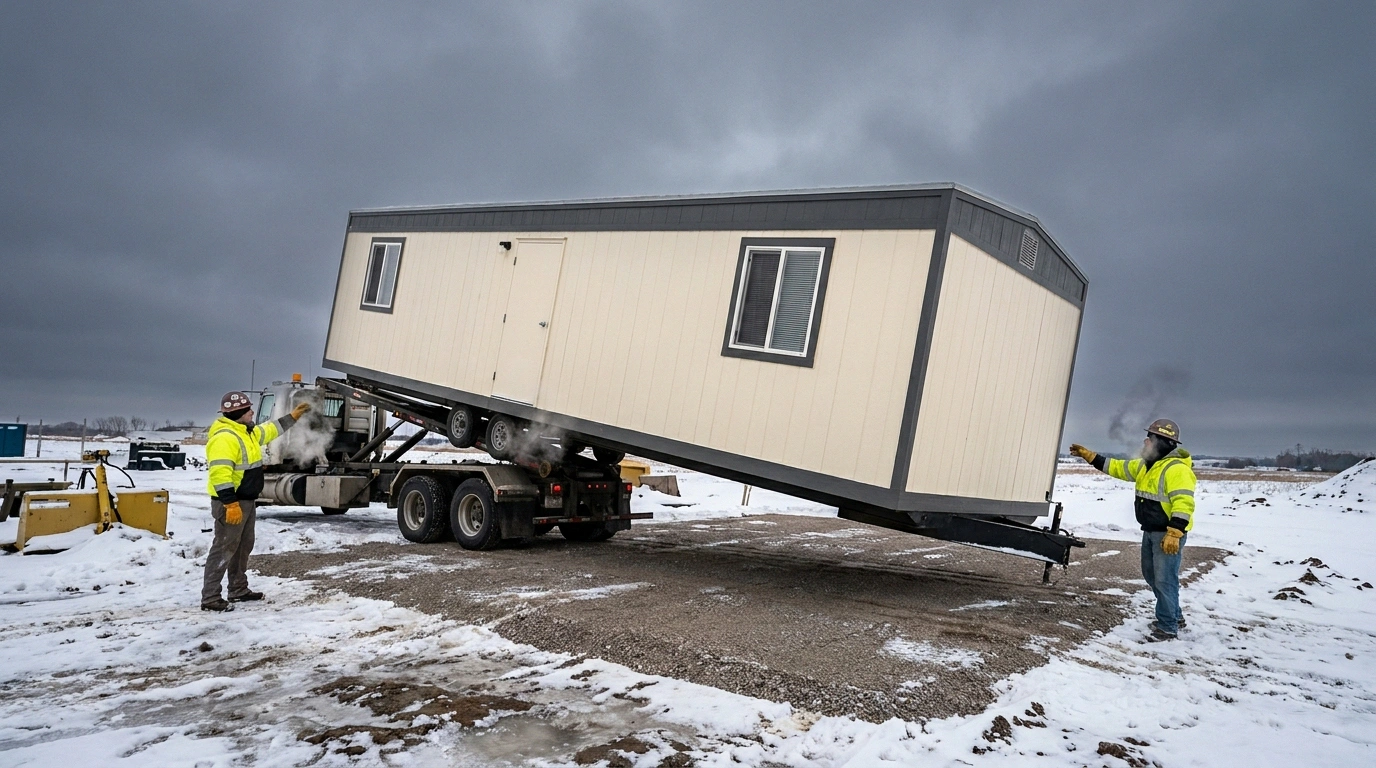 Office trailer being delivered to a Sioux Falls jobsite on a snowy winter day with high-vis workers directing placement