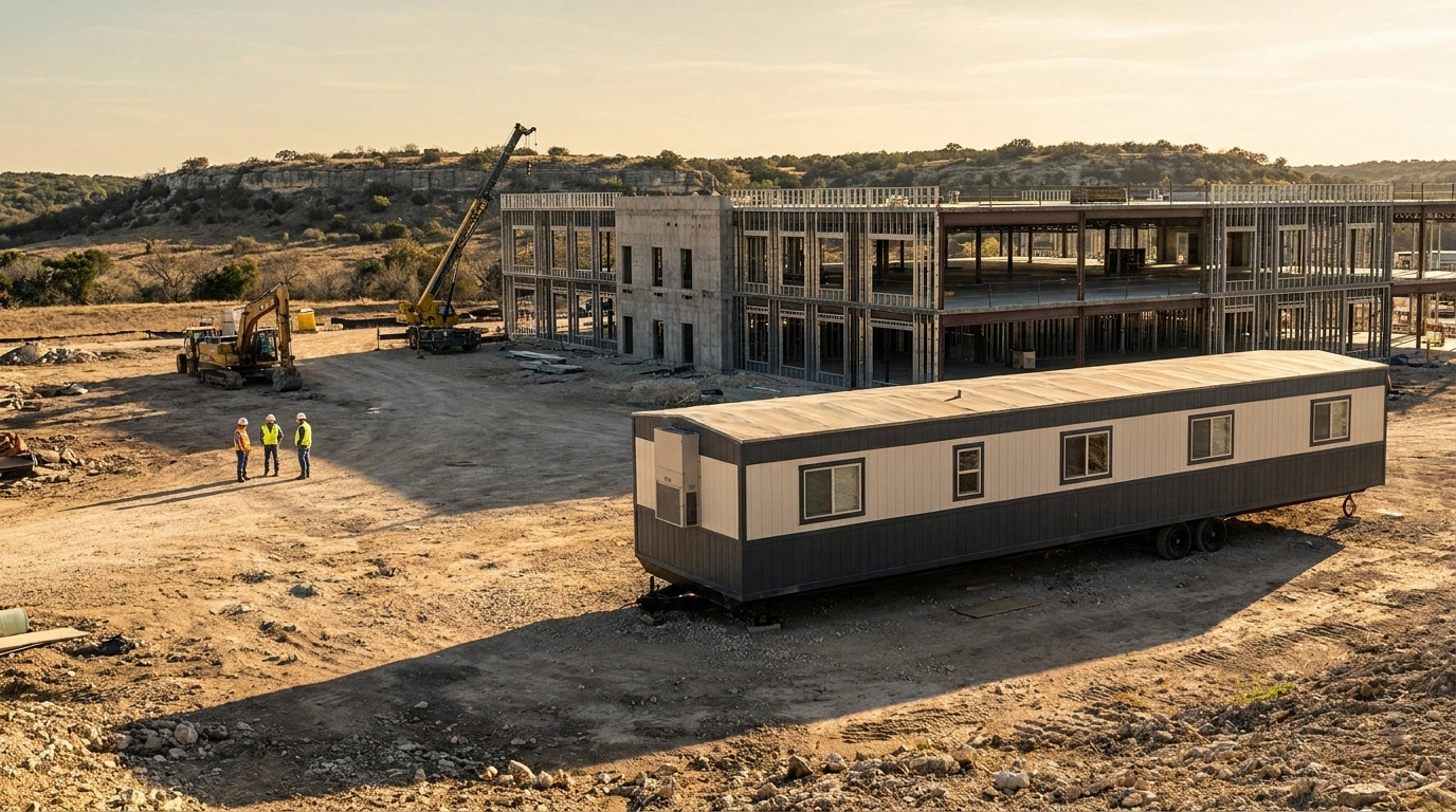 Wide view of a Central Texas tech campus construction site with a 12 by 60 mobile office trailer in the foreground