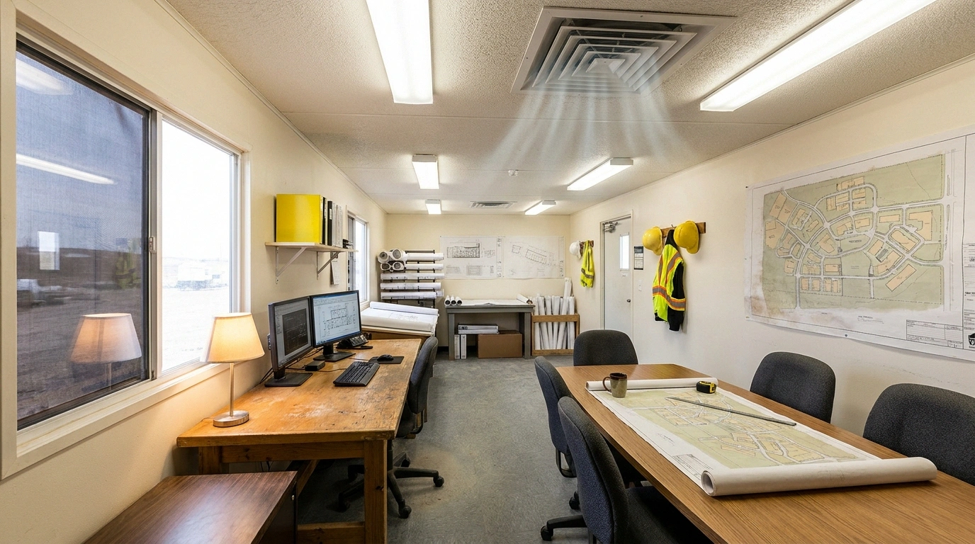 Interior of a 10 by 40 mobile office trailer set up as a project headquarters in the Austin metro with desk, monitors, and conference area