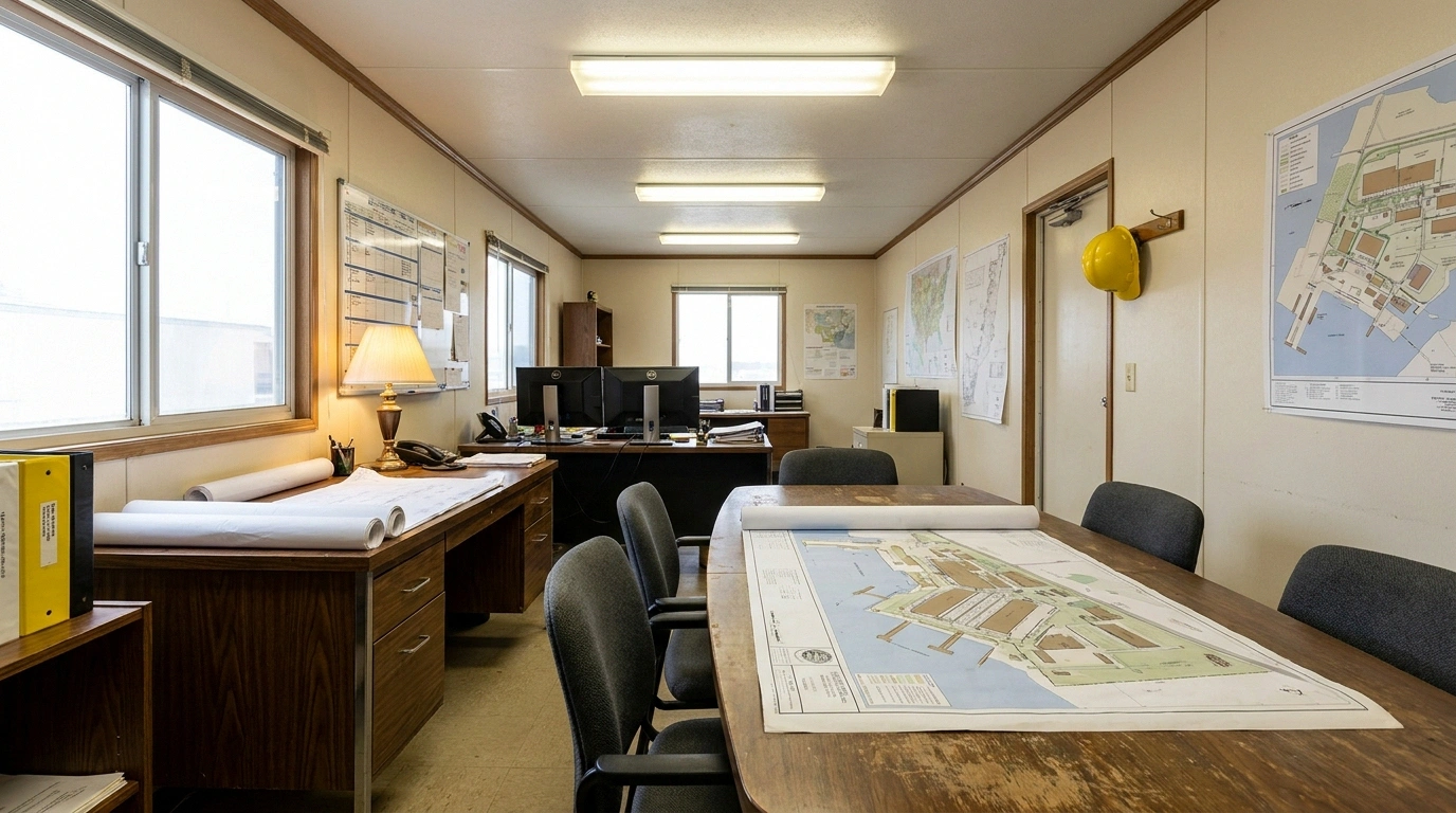 Interior of a 10 by 40 mobile office trailer set up as a project headquarters with desk, monitors, and conference area