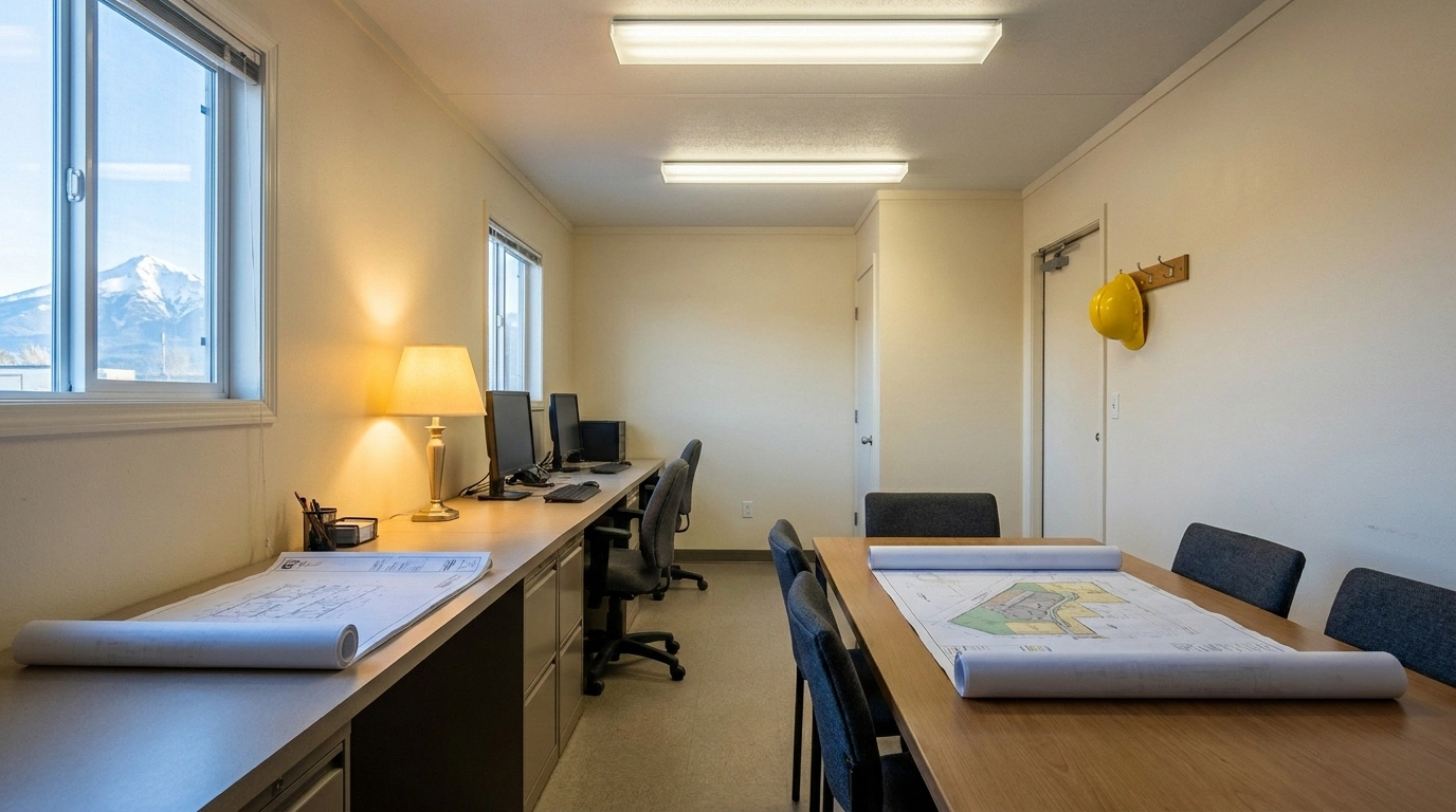 Interior of a 10 by 40 mobile office trailer set up as a project headquarters with Front Range view through the window