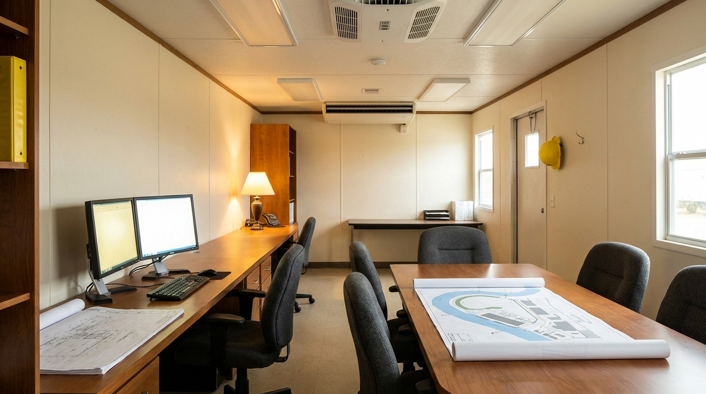 Interior of a 10 by 40 mobile office trailer set up as a project headquarters with desk, monitors, and conference area