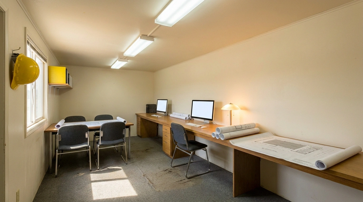 Interior of a 10 by 40 mobile office trailer set up as a project headquarters with desk, monitors, and conference area