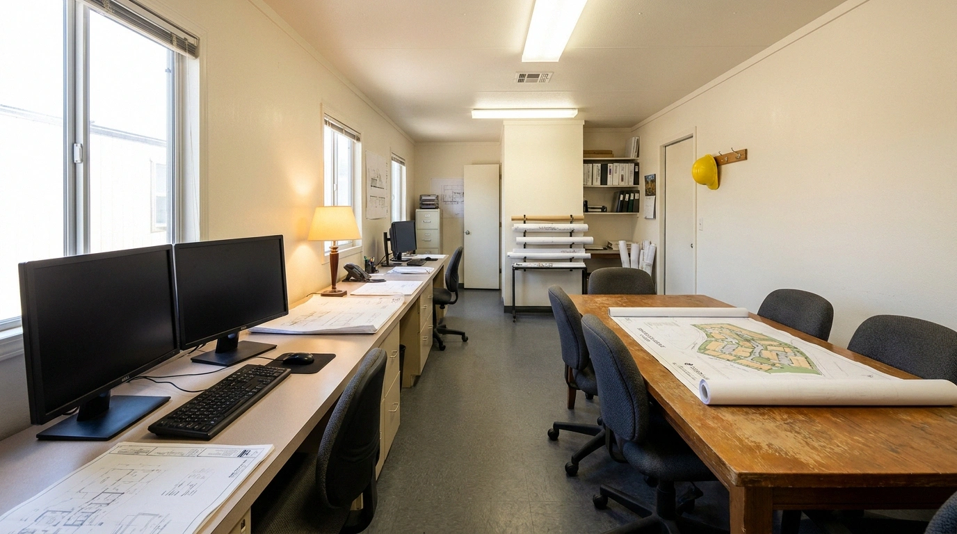 Interior of a 10 by 40 mobile office trailer set up as a project headquarters with desk, monitors, and conference area