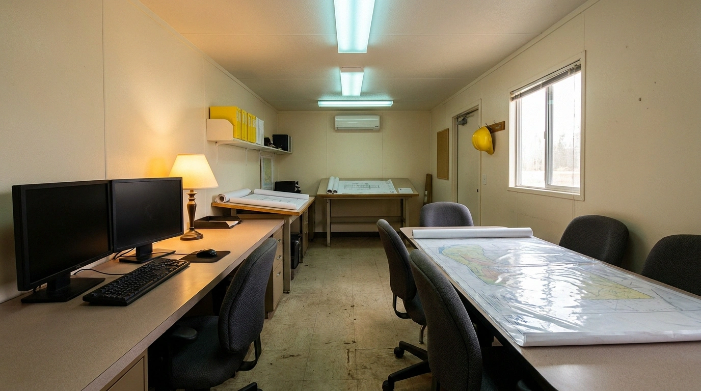 Interior of a 10 by 40 mobile office trailer set up as a project headquarters with desk, monitors, and conference area