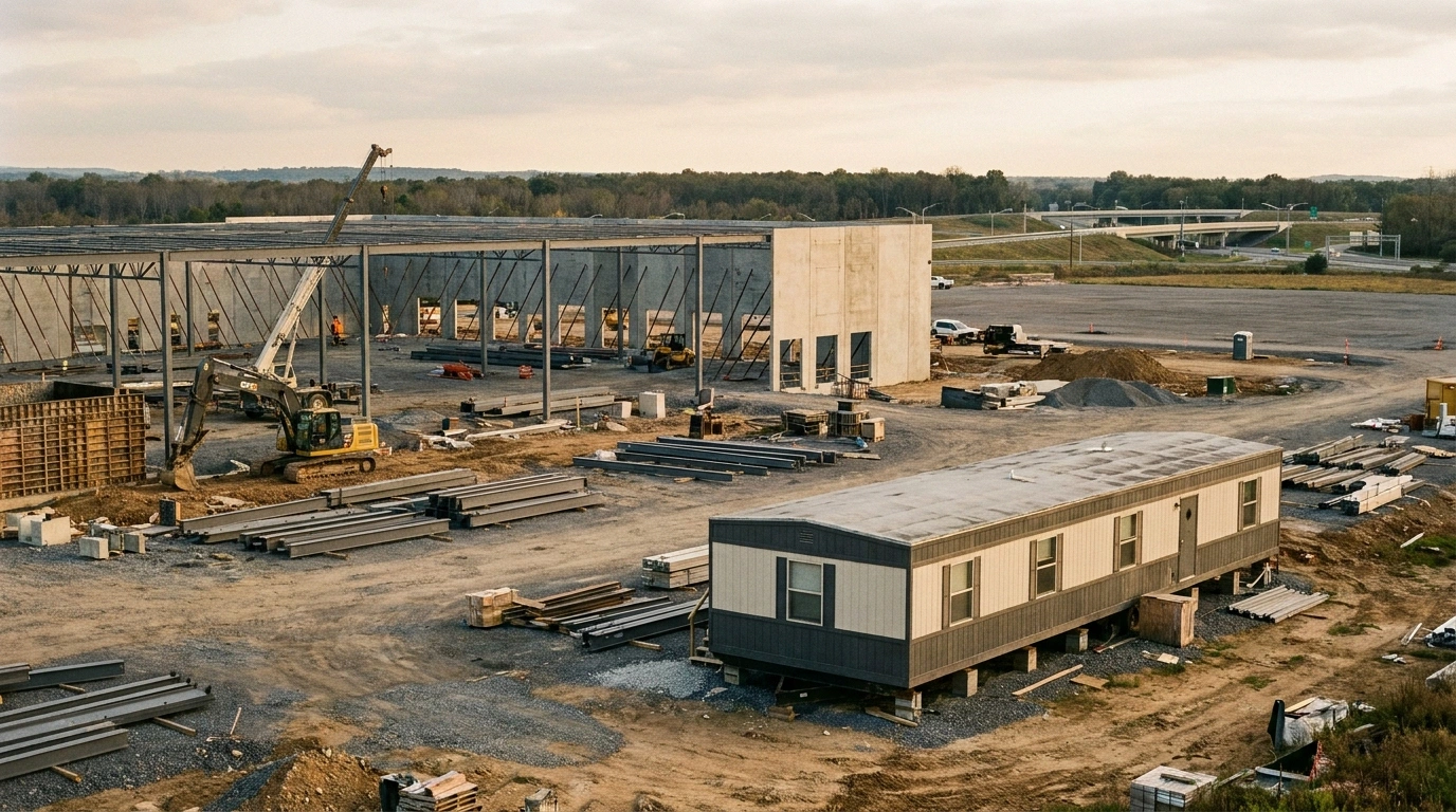 Wide view of an eastern Pennsylvania warehouse construction site with a 12 by 60 mobile office trailer in the foreground