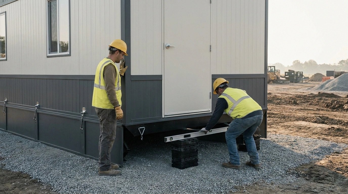 A professional two-person crew setting a clean, well-maintained office trailer level on a graded jobsite pad, illustrating fleet condition and delivery reliability