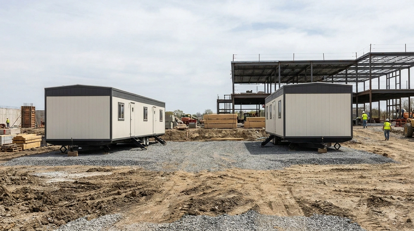 A wide construction jobsite with two differently sized plain, unmarked office trailers on graded pads, establishing the range of provider and unit options