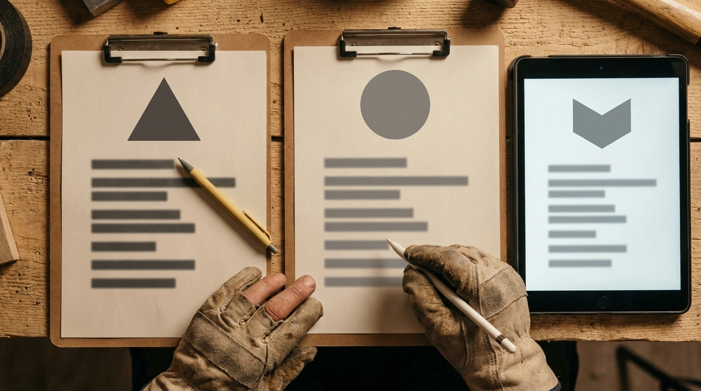 Hands comparing two or three office trailer quote sheets side by side on a clipboard and tablet, letterheads marked only with plain geometric shapes and blurred gray lines, no readable text