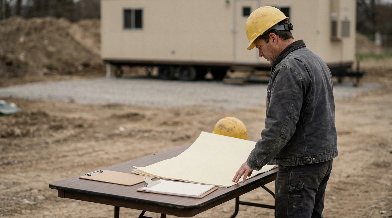 A contractor in a hard hat at a site desk reviewing a blank site plan and spec sheet while preparing an office trailer quote request, no readable text on the papers