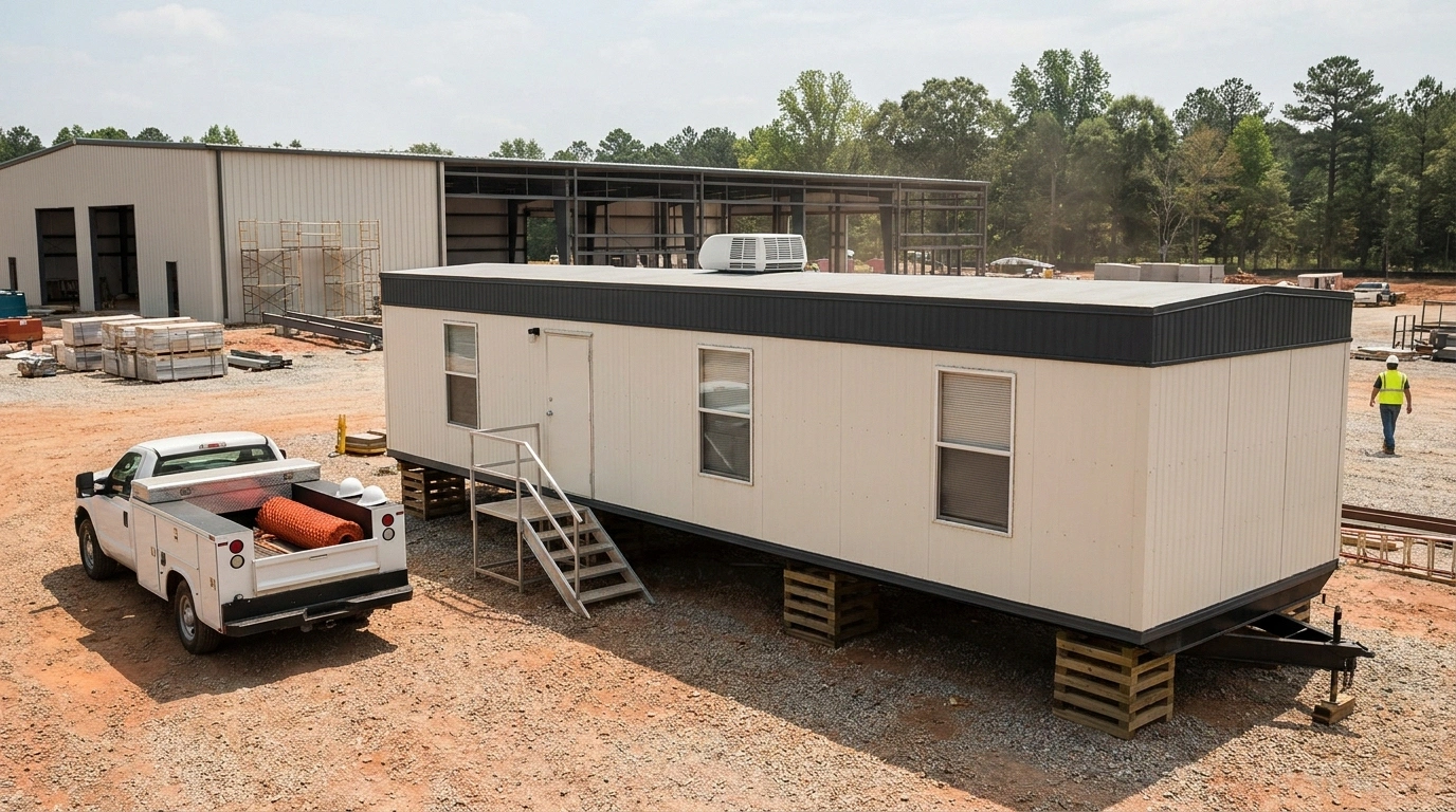 10x40 office trailer on a Central Alabama healthcare or auto-plant maintenance jobsite with unmarked work vehicle nearby.