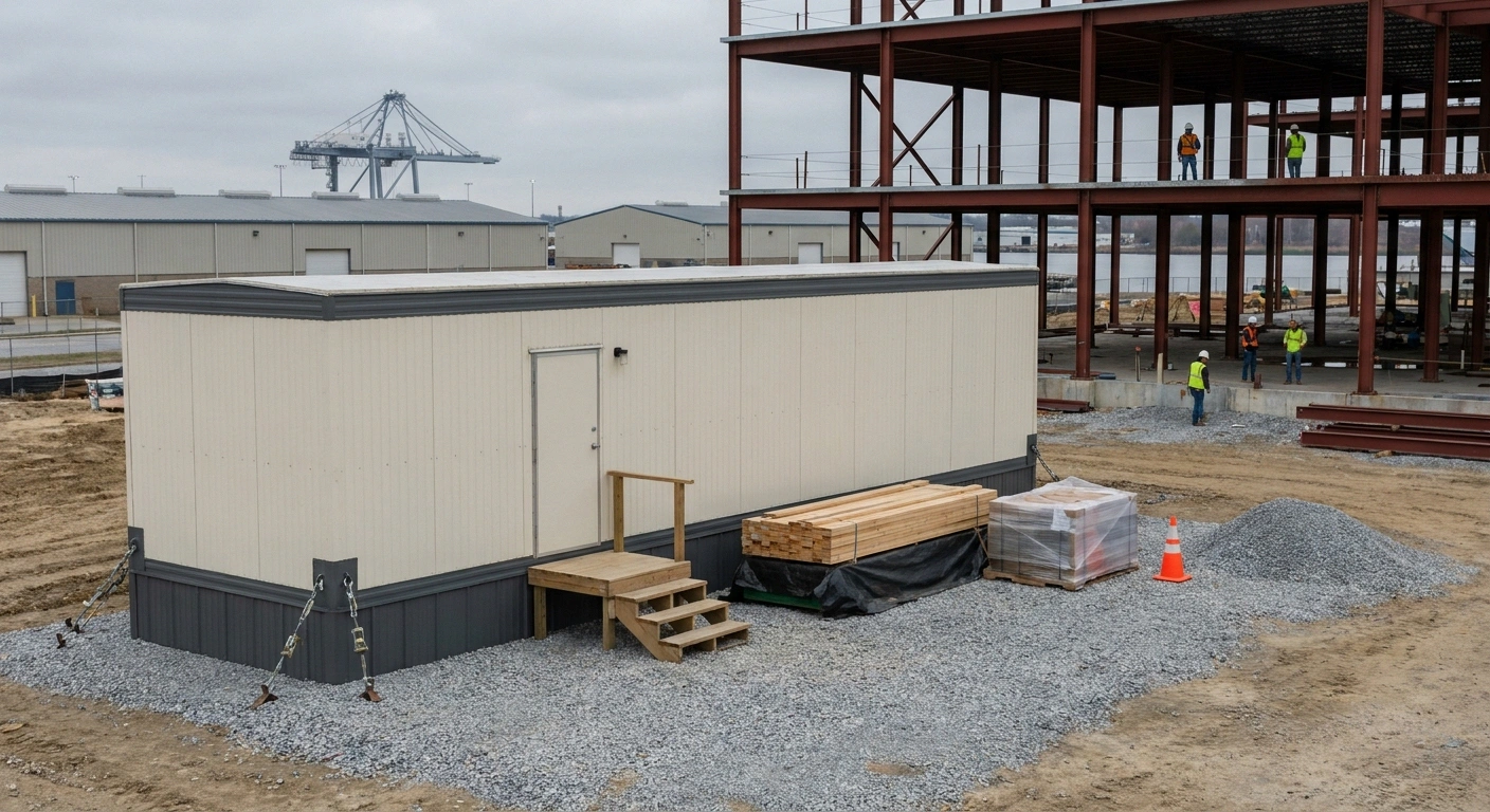Baltimore-area port and medical-campus jobsite with a 10x40 office trailer staged on a leveled gravel pad
