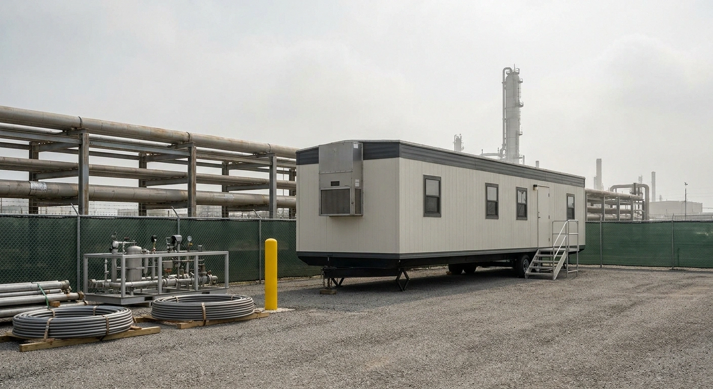Refinery-adjacent Corpus Christi jobsite with a 10x40 office trailer staged near pipe racks and port infrastructure