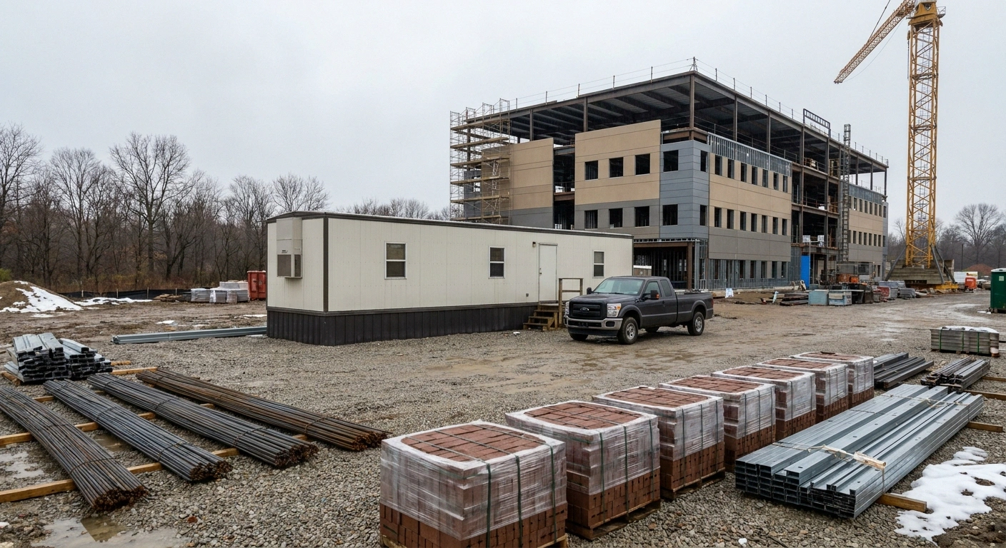Northeast Ohio commercial jobsite with a 10x40 office trailer staged for a healthcare-adjacent campus build