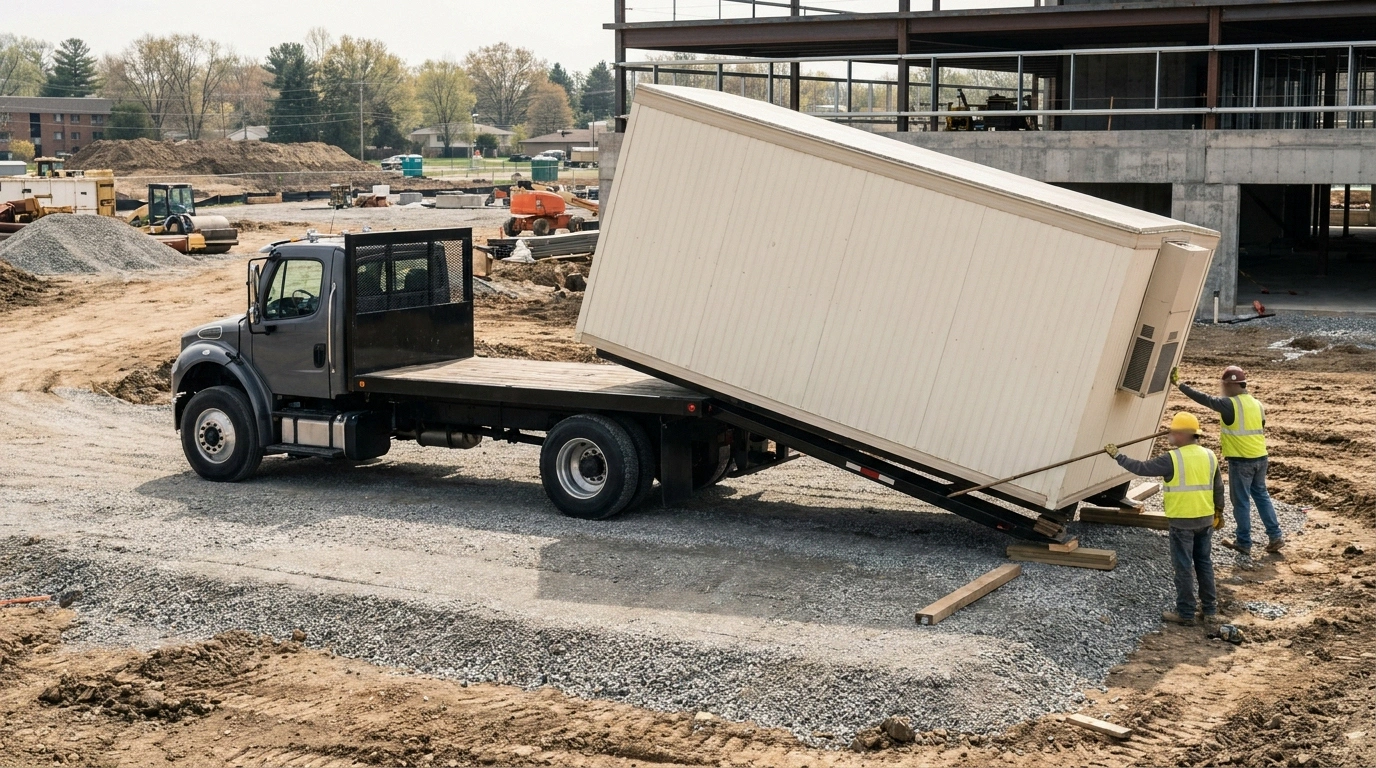 A flatbed truck offloading a plain, unmarked office trailer onto a graded gravel pad at a jobsite, illustrating the one-time delivery and setup costs buyers forget to compare