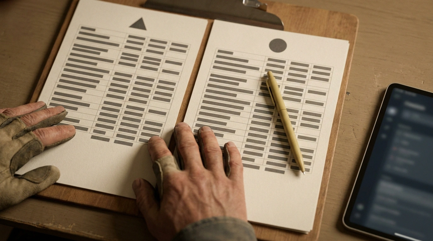 A contractor's hands laying two office trailer rental quote sheets side by side on a clipboard to compare line items, the pages marked only with plain geometric shapes and blurred gray lines, no readable text
