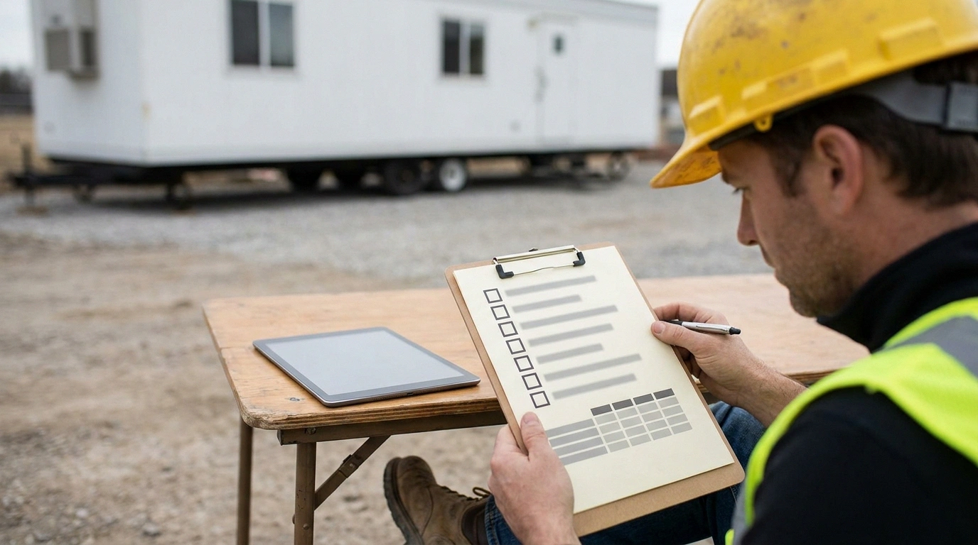 A contractor at a jobsite desk working through a blank comparison checklist on a clipboard next to a tablet, planning how to score competing office trailer quotes, no legible text on the page