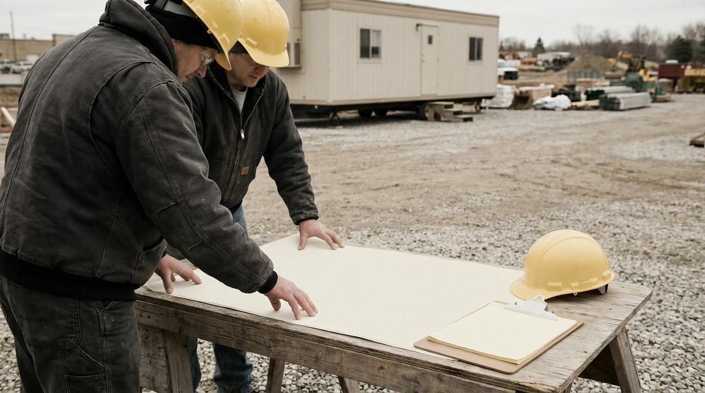 A contractor and a supplier rep in hard hats reviewing a blank site plan together at the edge of a jobsite beside a plain unmarked office trailer, no readable text on the plan