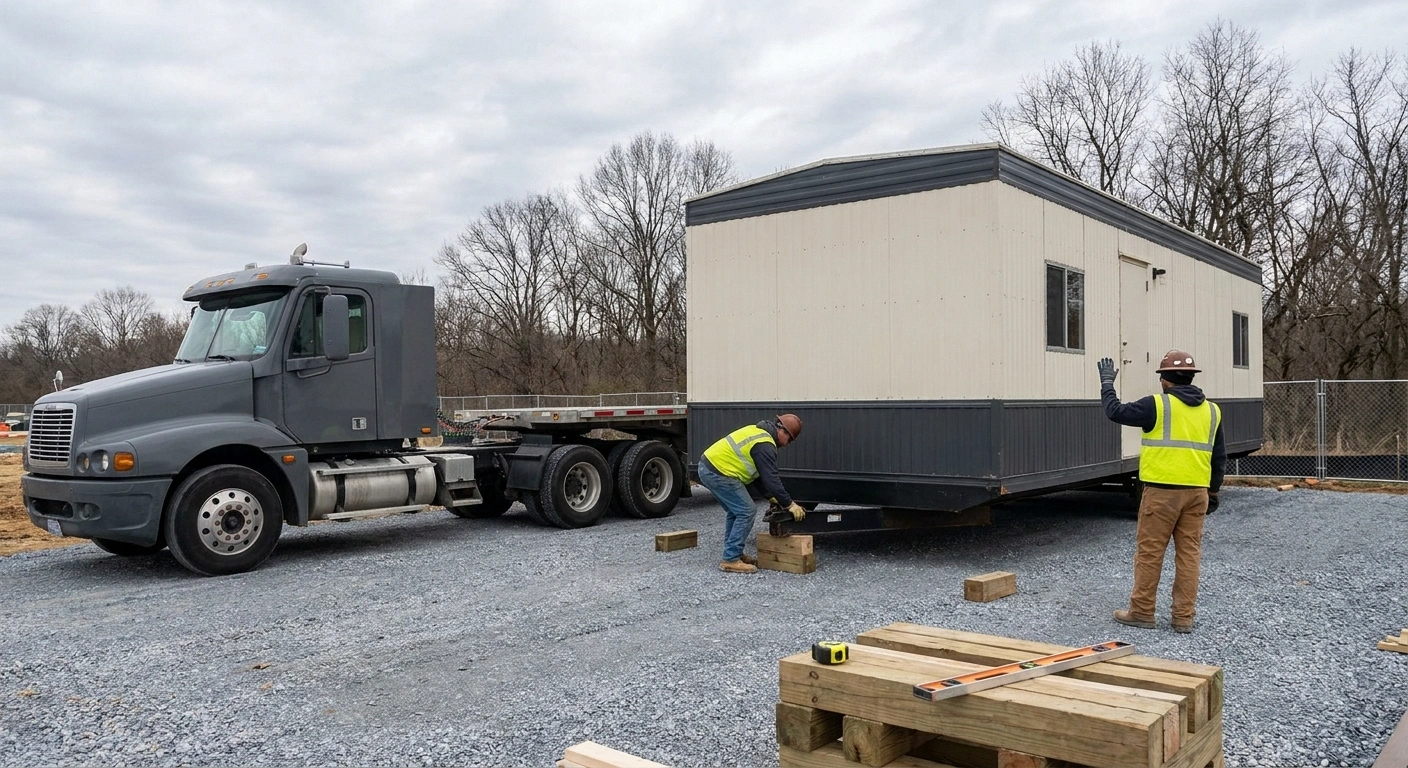Flatbed truck offloading an 8x20 office trailer onto a compacted gravel pad at a Baltimore-area jobsite with a two-person setup crew