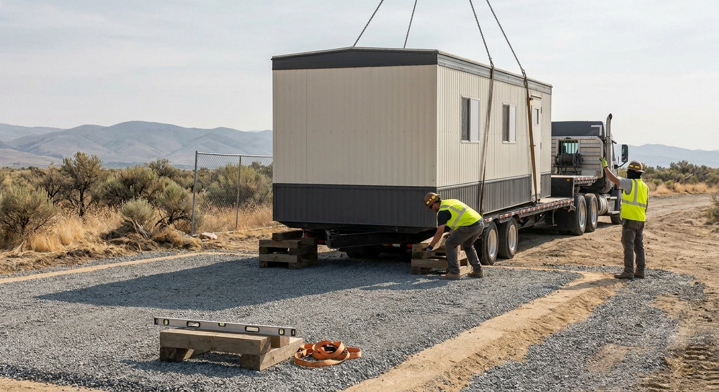 Flatbed truck offloading an 8x20 office trailer onto a compacted gravel pad at a Boise-area jobsite with a two-person setup crew placing cribbing