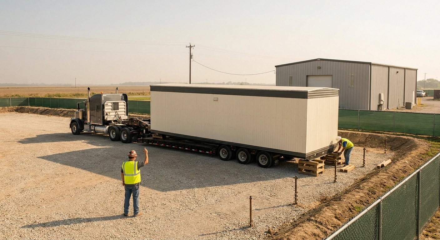 Flatbed offloading an 8x20 office trailer onto a leveled gravel pad in the Coastal Bend with hurricane tie-down staking visible