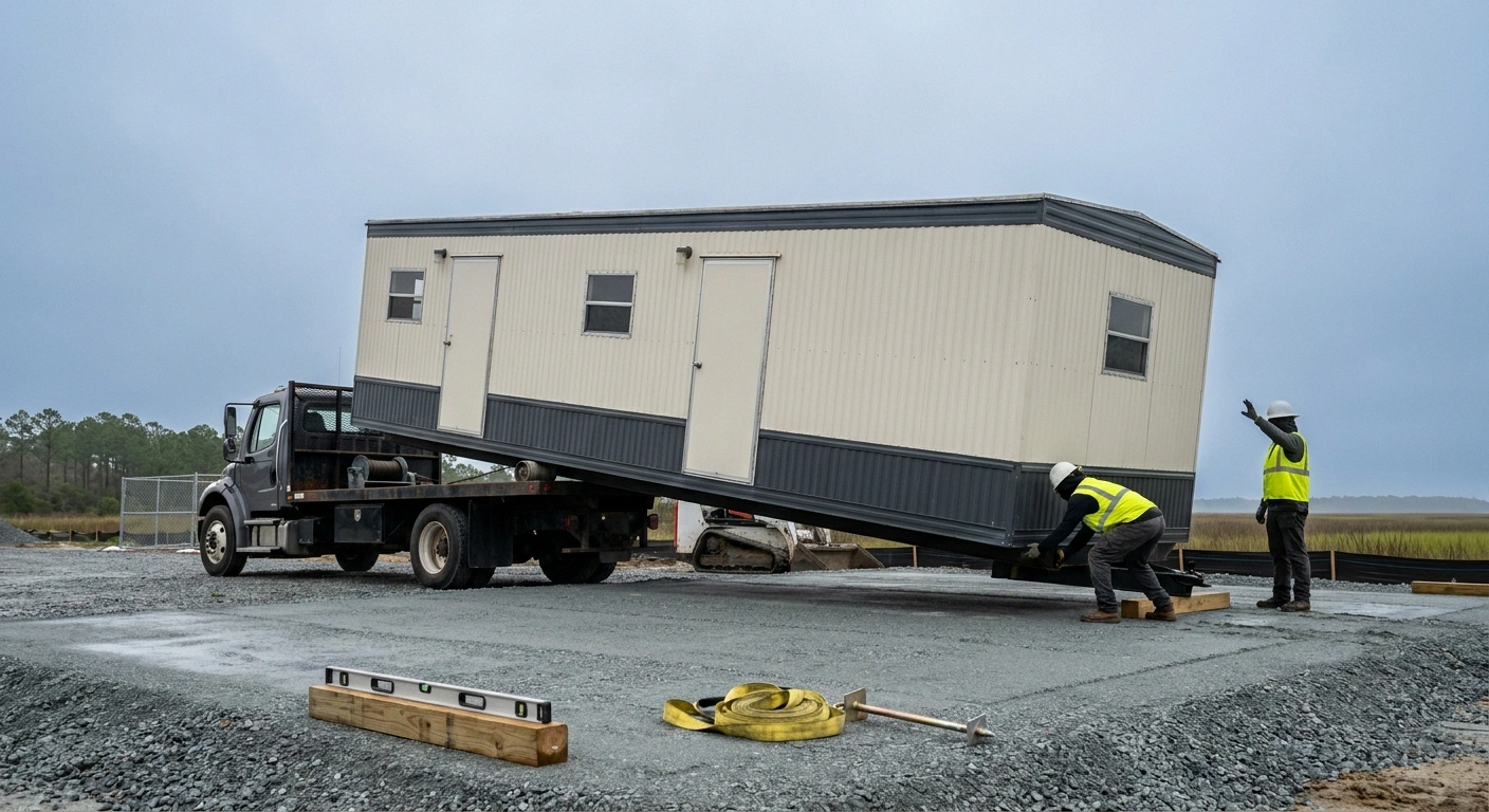 Flatbed truck offloading a 10x40 office trailer onto a leveled gravel pad near a Hampton Roads jobsite in Chesapeake Virginia with a two-person setup crew